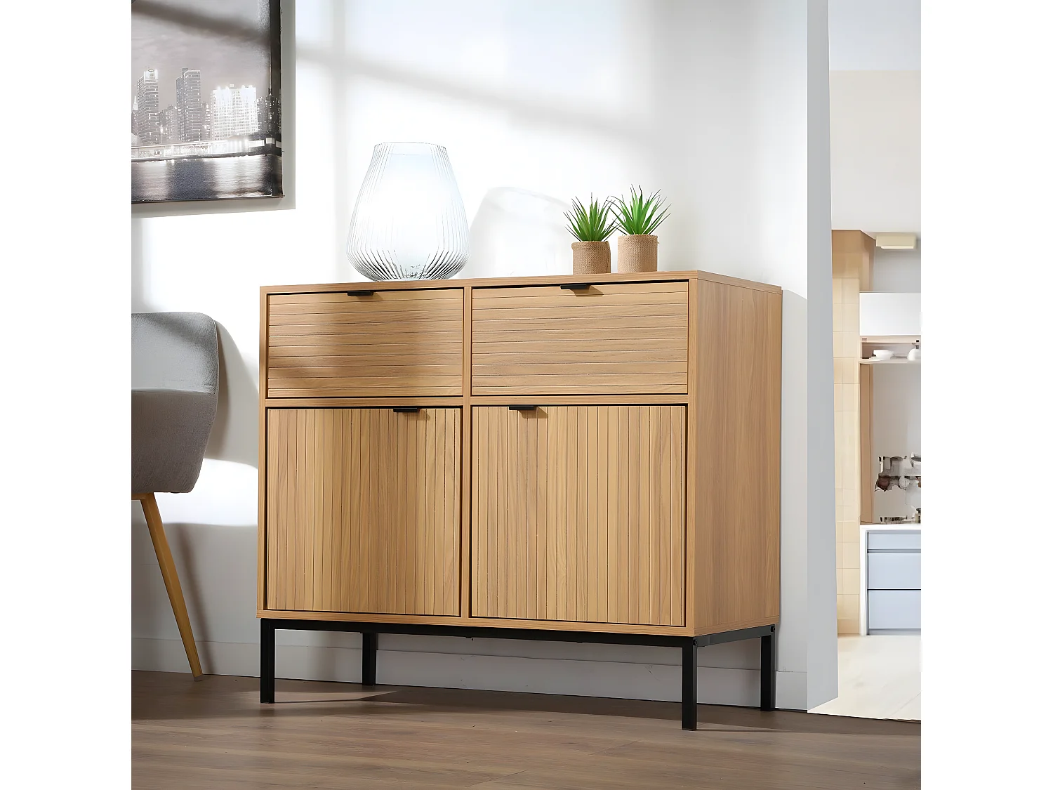 Cómoda 2 Puertas 2 Cajones Fachadas Ranuradas - L90 x H79 cm