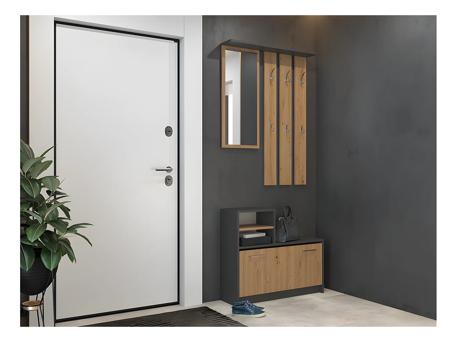 VITTORIA - Vestiaire d'entrée - Patère murale + miroir + rangement chaussures - 180x85x24 - Meuble d'entrée