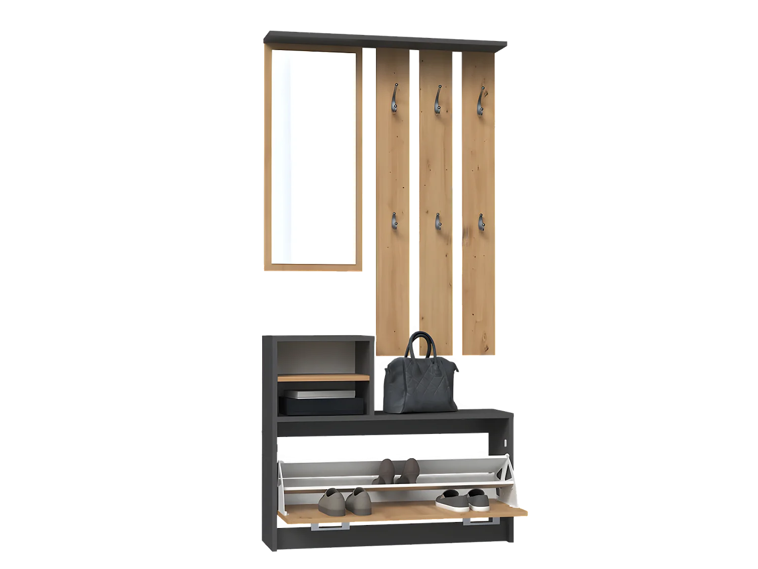 VITTORIA - Garderobe für den Flur - Wandhaken + Spiegel + Schuhablage - 180x85x24 - Flurmöbel
