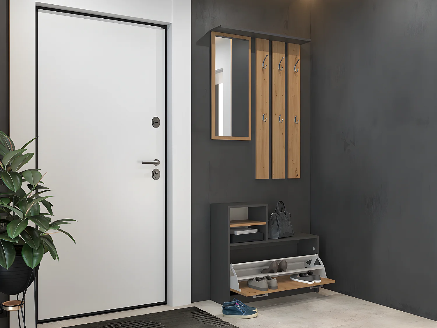 VITTORIA - Garderobe für den Flur - Wandhaken + Spiegel + Schuhablage - 180x85x24 - Flurmöbel