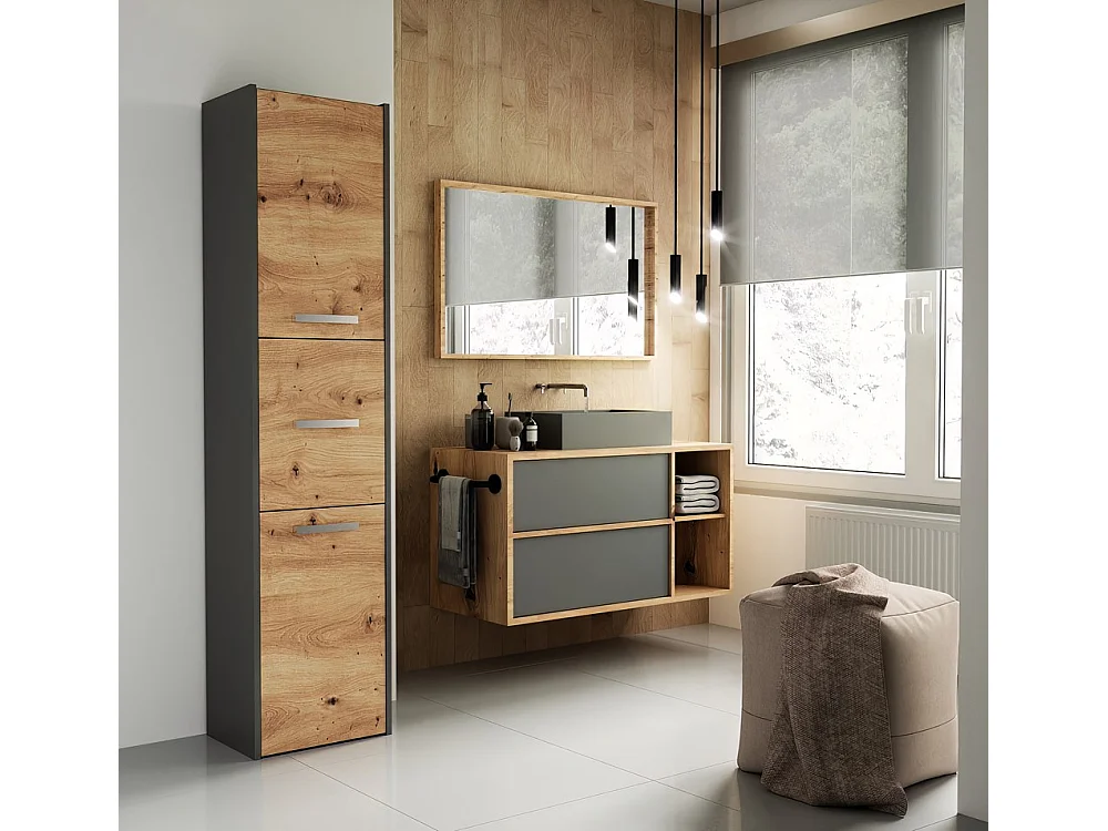 CDF Badschrank S43 | Farbe: Anthrazit - Eiche Artisan | Moderner Badezimmerschrank | Ablagefläche | Geräumige Einlegeböden | Türen | Einfache Montage