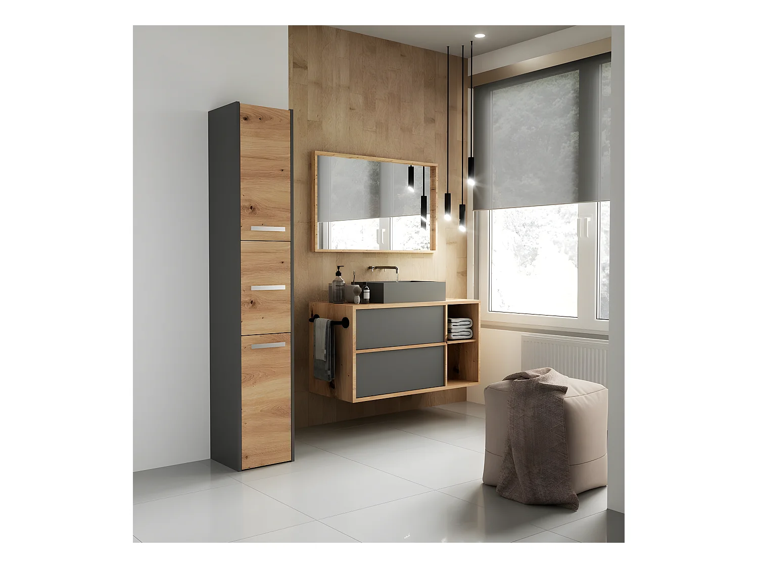 CDF Badschrank S33 | Farbe: Anthrazit - Eiche Artisan | Moderner Badezimmerschrank | Ablagefläche | Geräumige Einlegeböden | Türen | Einfache Montage