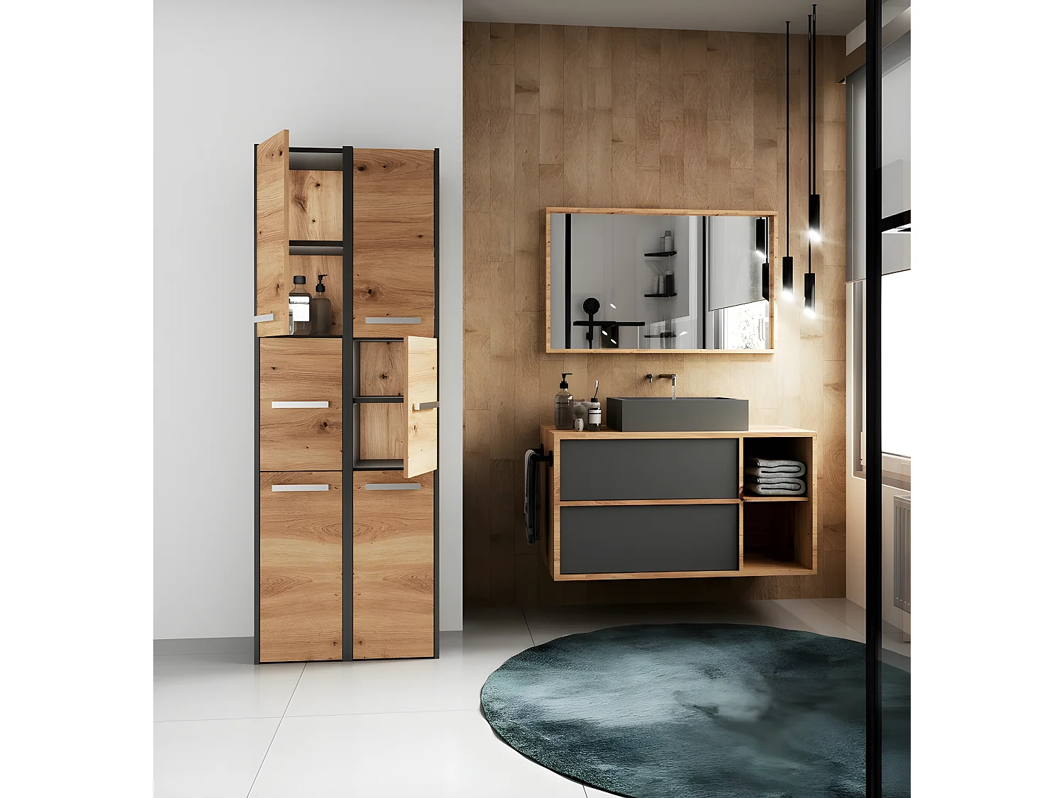 CDF Badschrank S33 | Farbe: Anthrazit - Eiche Artisan | Moderner Badezimmerschrank | Ablagefläche | Geräumige Einlegeböden | Türen | Einfache Montage