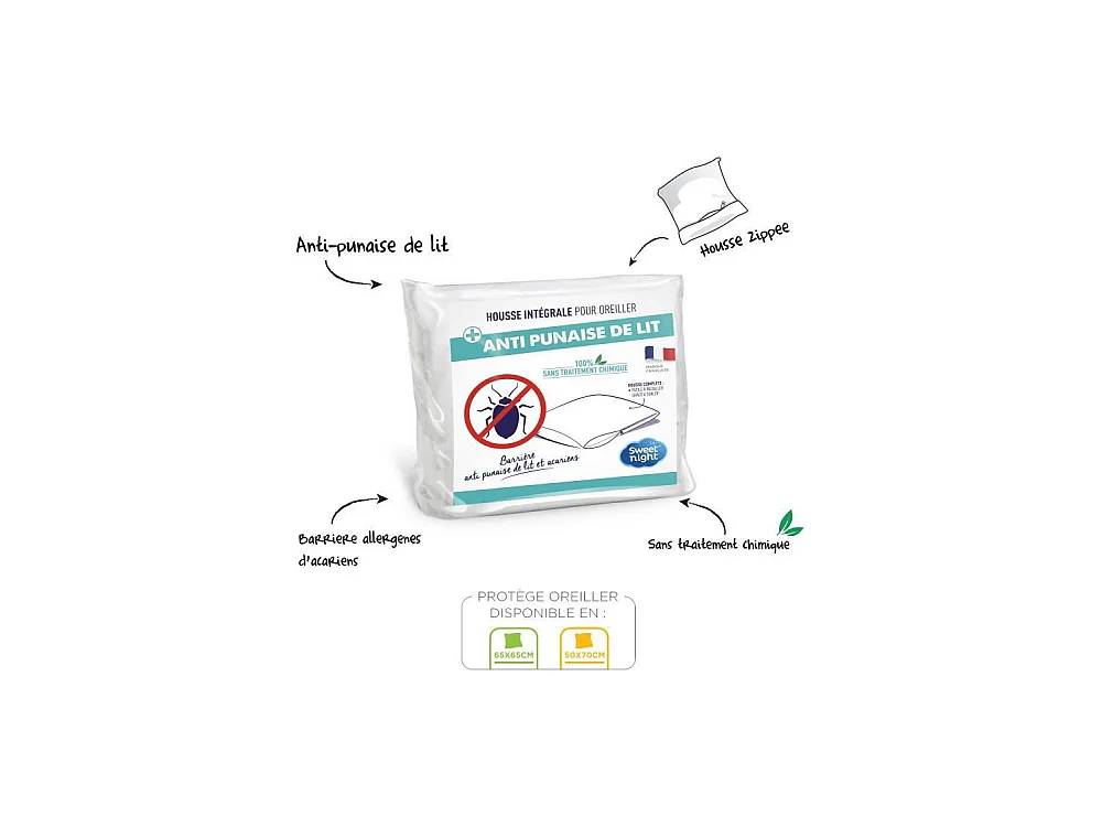 Housse Oreiller Anti Punaises de Lit et Acariens - Blanc 50x70 cm