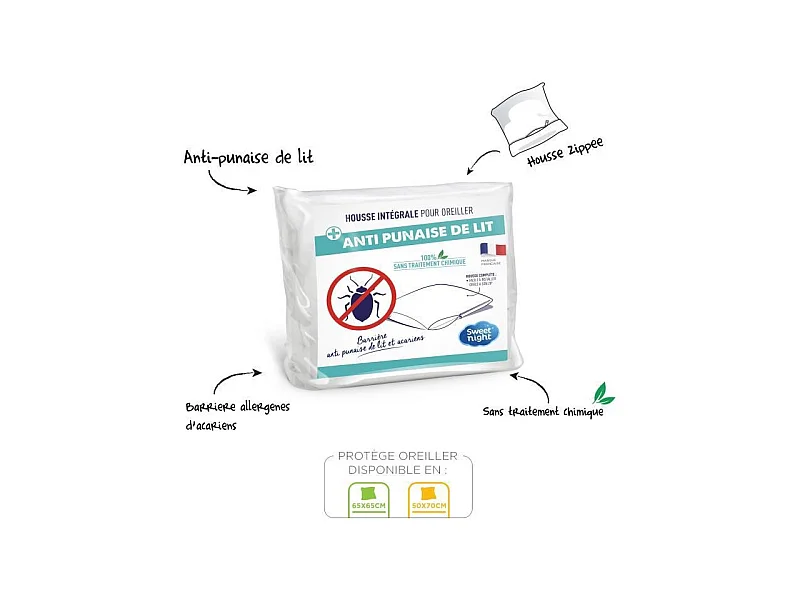 Housse intégrale anti punaise de lit et anti-acariens pour oreiller - Blanc 65 x 65 cm