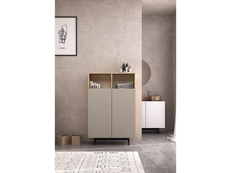 Buffet 2 portes - H140cm x L90cm x L34cm - chêne clair et taupe - Printed