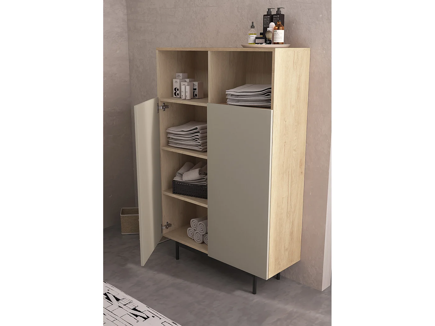 Buffet 2 portes - H140cm x L90cm x L34cm - chêne clair et taupe - Printed