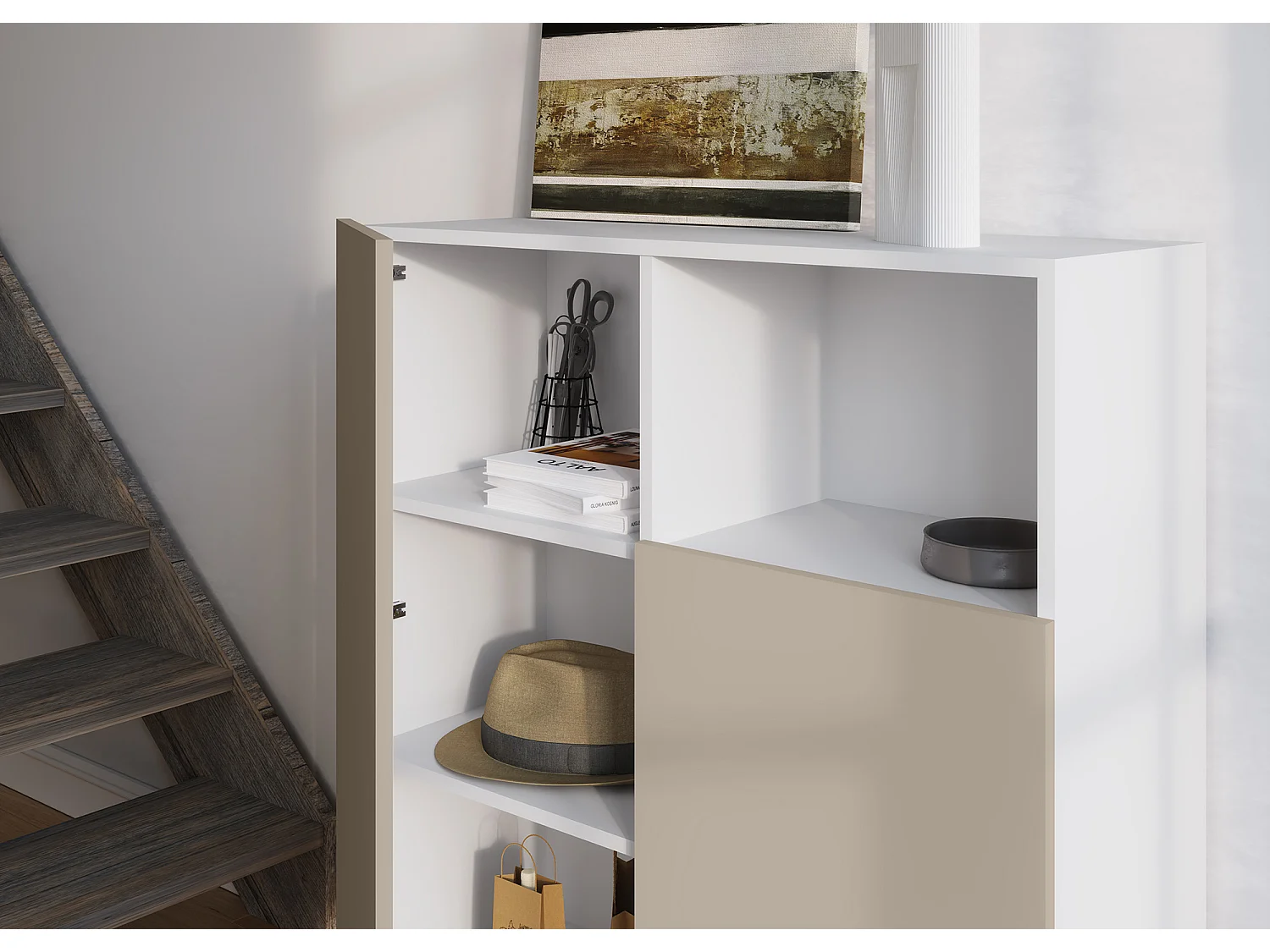 Buffet 1 niche - H110cm x L90cm x L34cm - blanc et taupe - Printed