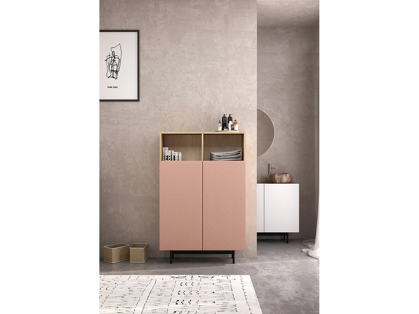 Buffet 2 portes - H140cm x L90cm x L34cm - chêne clair et rose - Printed Sérig