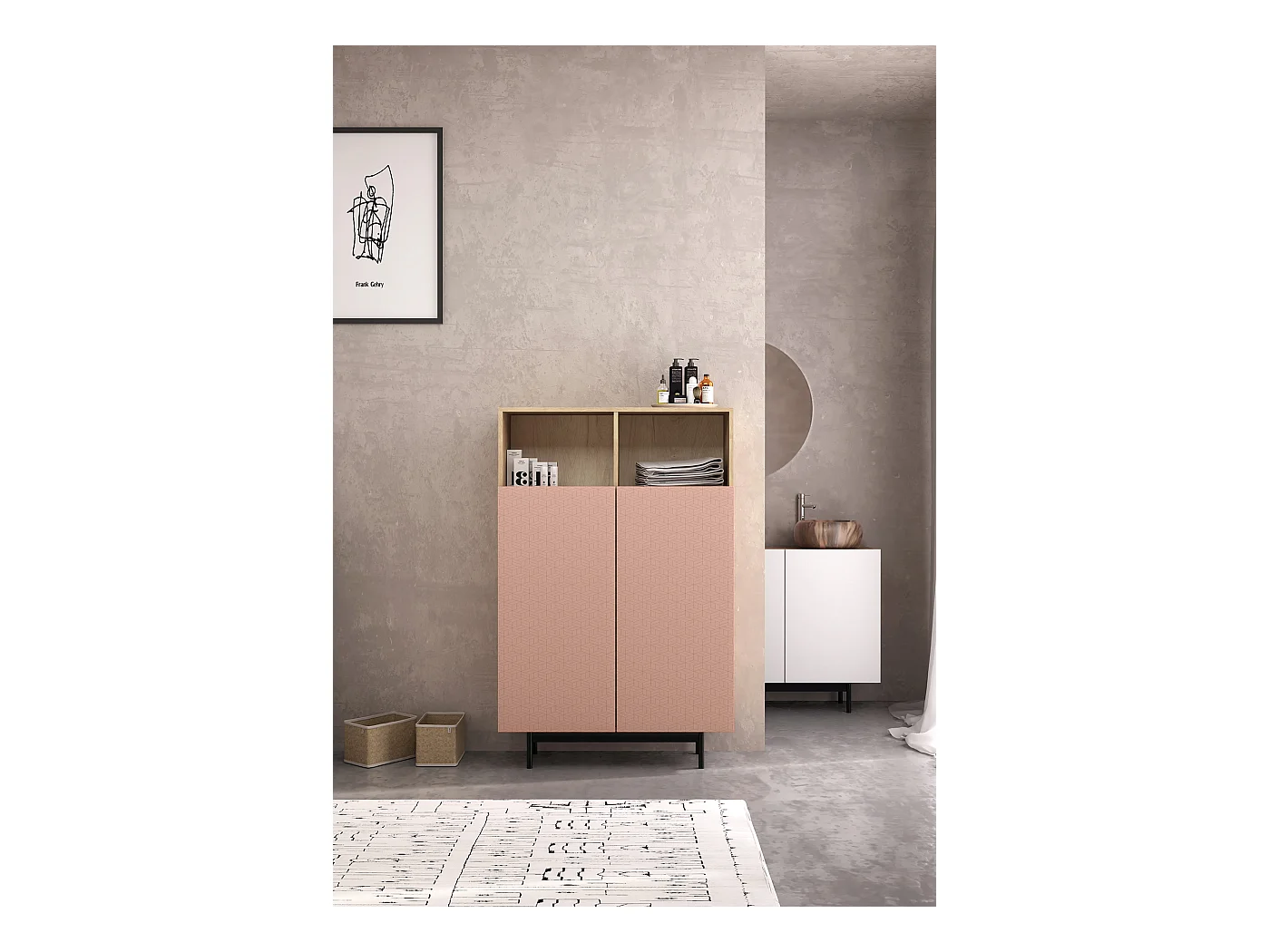 Buffet 2 portes - H140cm x L90cm x L34cm - chêne clair et rose - Printed Sérig