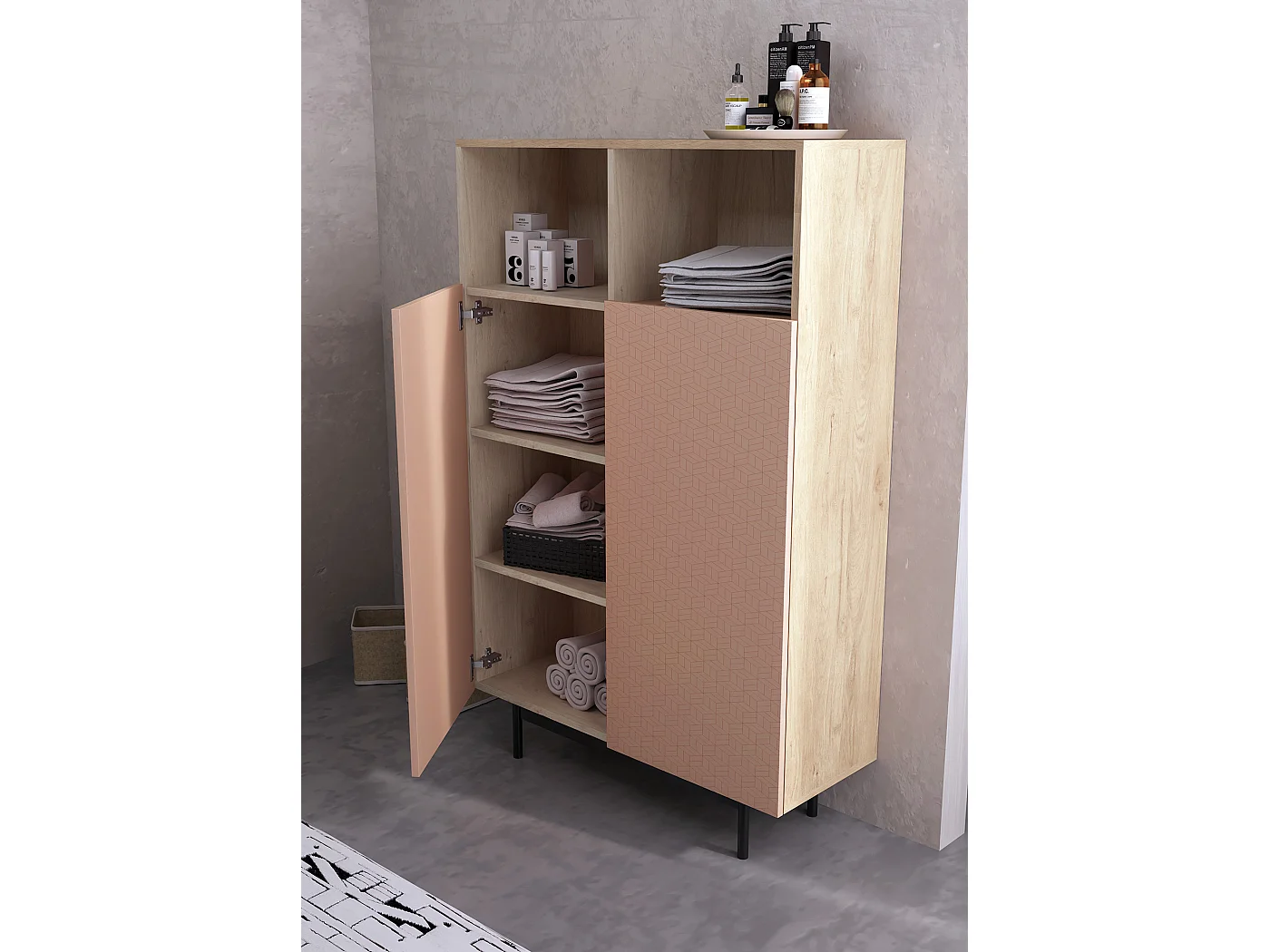 Buffet 2 portes - H140cm x L90cm x L34cm - chêne clair et rose - Printed Sérig