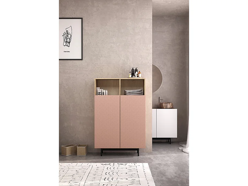 Buffet 2 portes - H140cm x L90cm x L34cm - chêne clair et rose - Printed Sérig