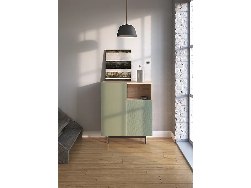 Buffet 1 niche - H110cm x L90cm x L34cm - chêne clair et vert - Printed Sérig