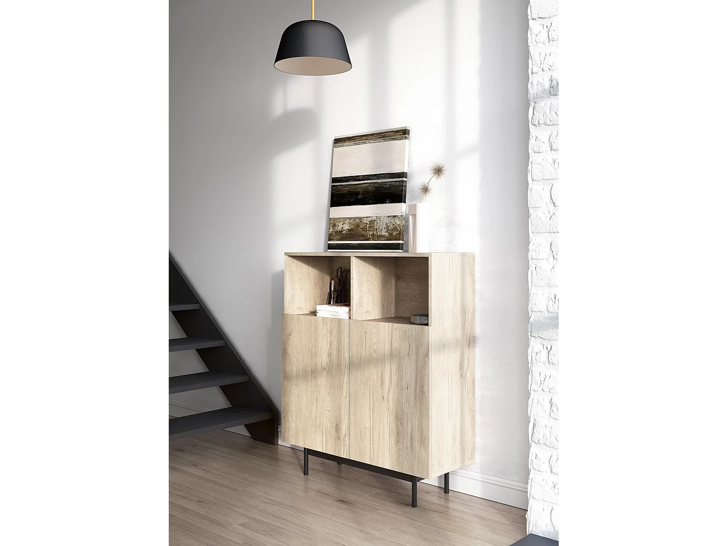 Buffet 2 niches - H110cm x L90cm x L34cm - chêne clair - Printed