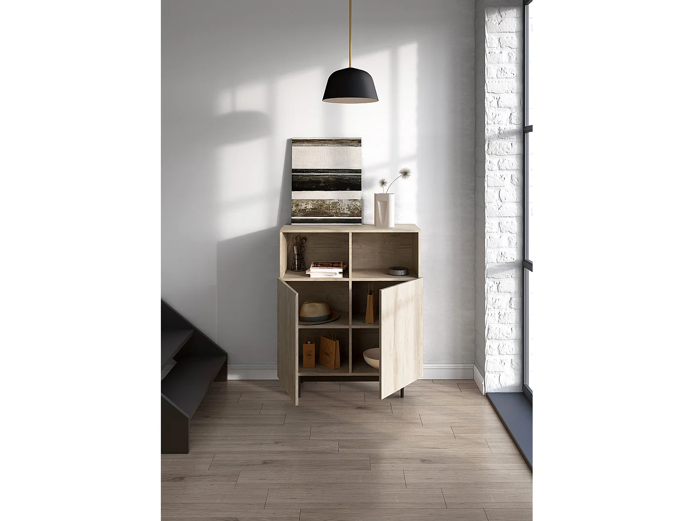 Buffet 2 niches - H110cm x L90cm x L34cm - chêne clair - Printed