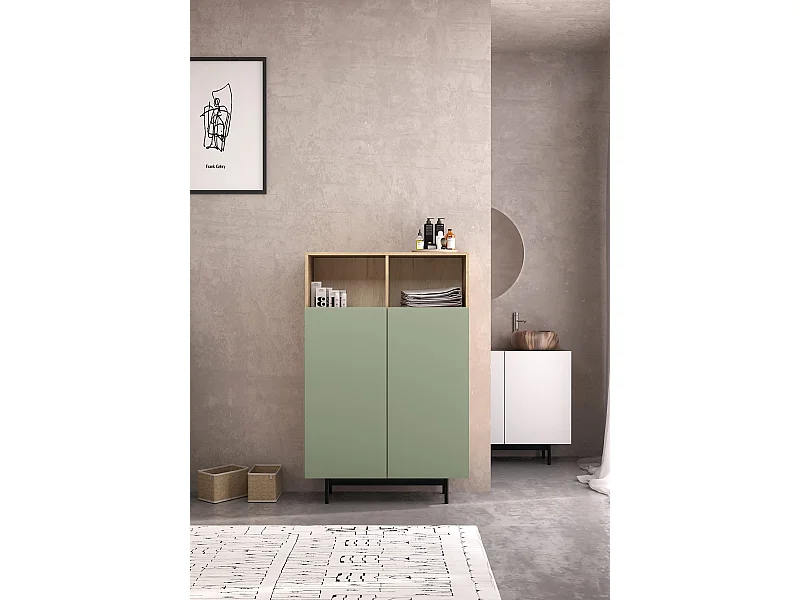 Buffet 2 portes - H140cm x L90cm x L34cm - chêne clair et vert - Printed