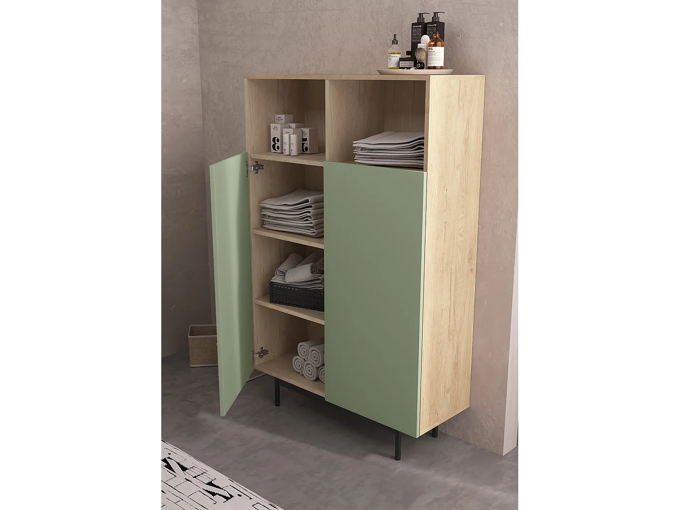 Buffet 2 portes - H140cm x L90cm x L34cm - chêne clair et vert - Printed