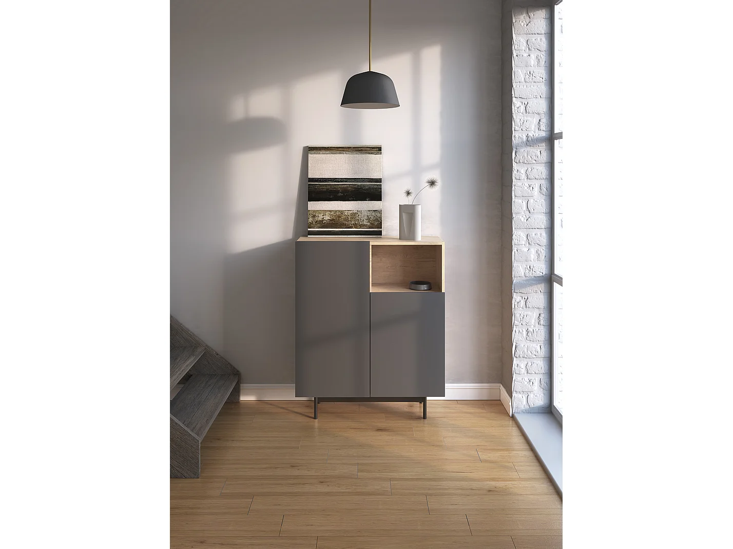 Buffet 1 niche - H110cm x L90cm x L34cm - chêne clair et graphite - Printed