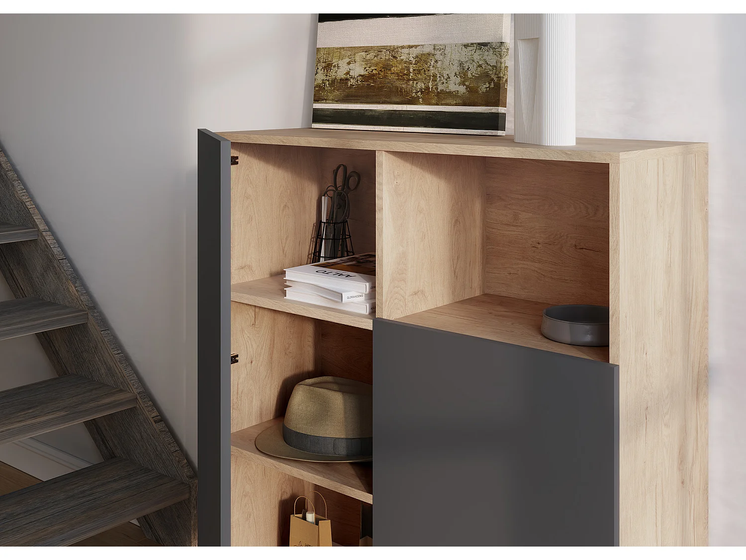 Buffet 1 niche - H110cm x L90cm x L34cm - chêne clair et graphite - Printed