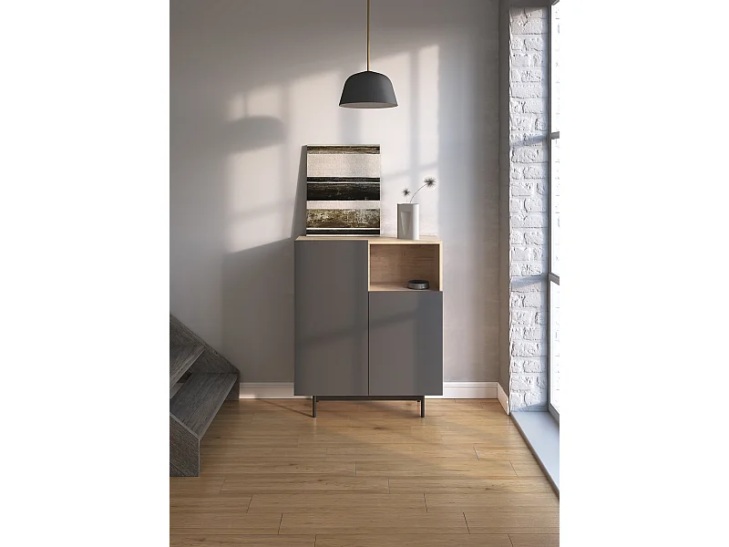 Buffet 1 niche - H110cm x L90cm x L34cm - chêne clair et graphite - Printed