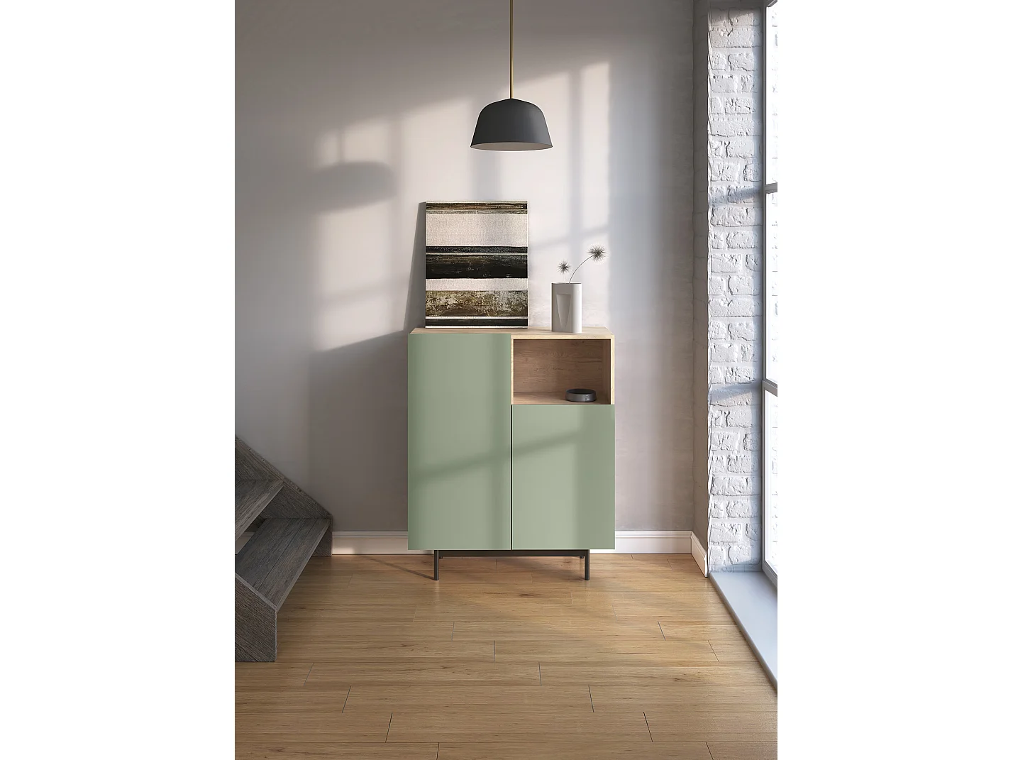 Buffet 1 niche - H110cm x L90cm x L34cm - chêne clair et vert - Printed