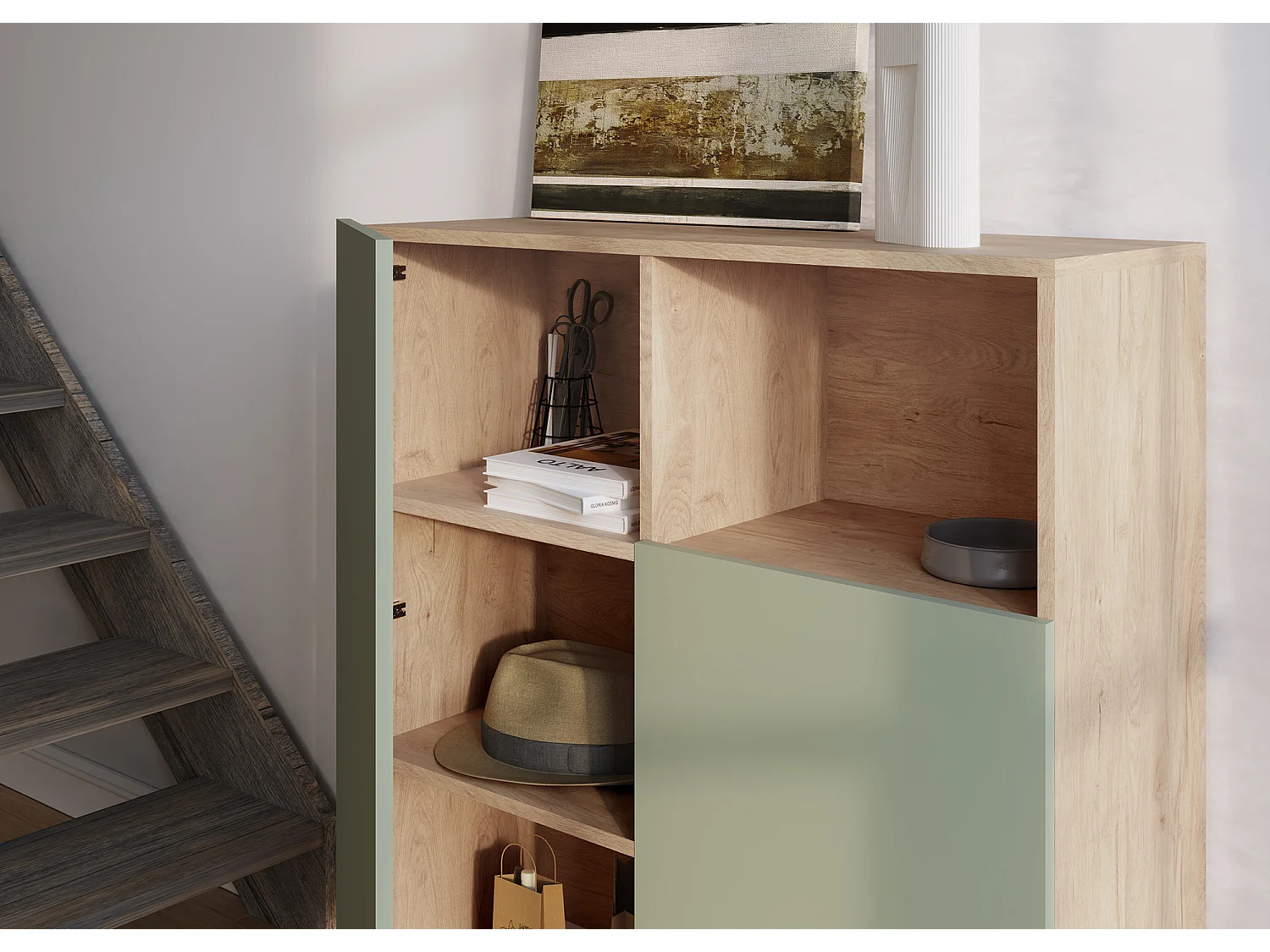 Buffet 1 niche - H110cm x L90cm x L34cm - chêne clair et vert - Printed