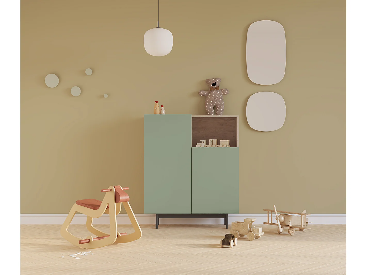 Buffet 1 niche - H110cm x L90cm x L34cm - chêne clair et vert - Printed