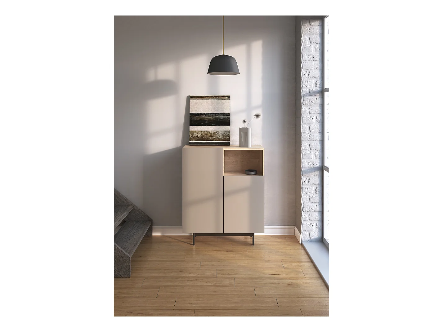 Buffet 1 niche - H110cm x L90cm x L34cm - chêne clair et taupe - Printed