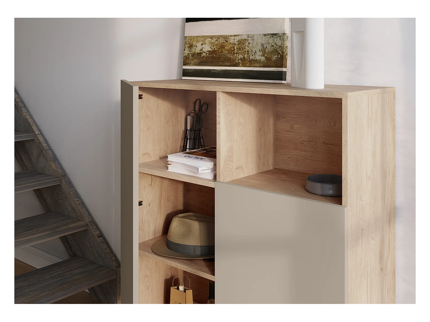 Buffet 1 niche - H110cm x L90cm x L34cm - chêne clair et taupe - Printed