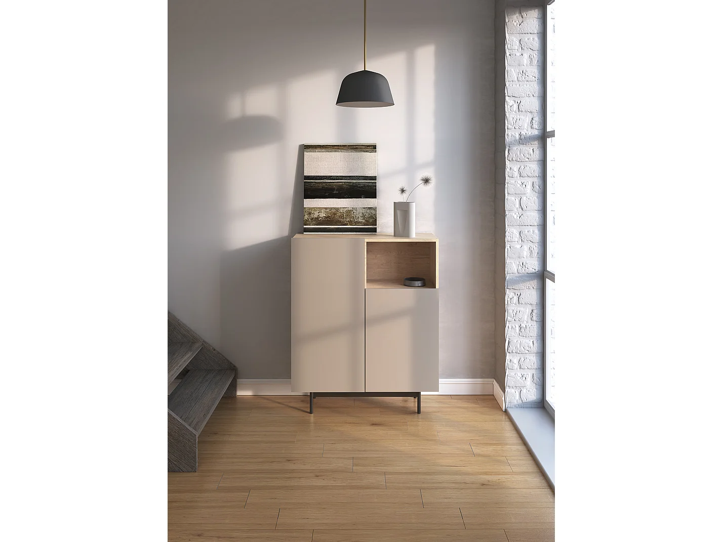 Buffet 1 niche - H110cm x L90cm x L34cm - chêne clair et taupe - Printed