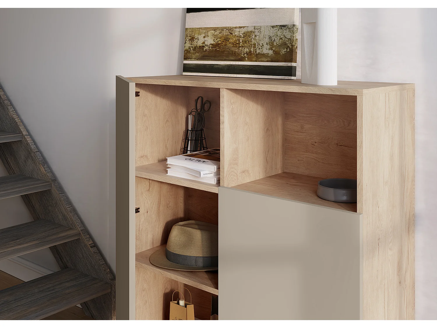 Buffet 1 niche - H110cm x L90cm x L34cm - chêne clair et taupe - Printed