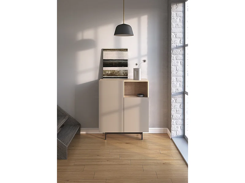 Buffet 1 niche - H110cm x L90cm x L34cm - chêne clair et taupe - Printed