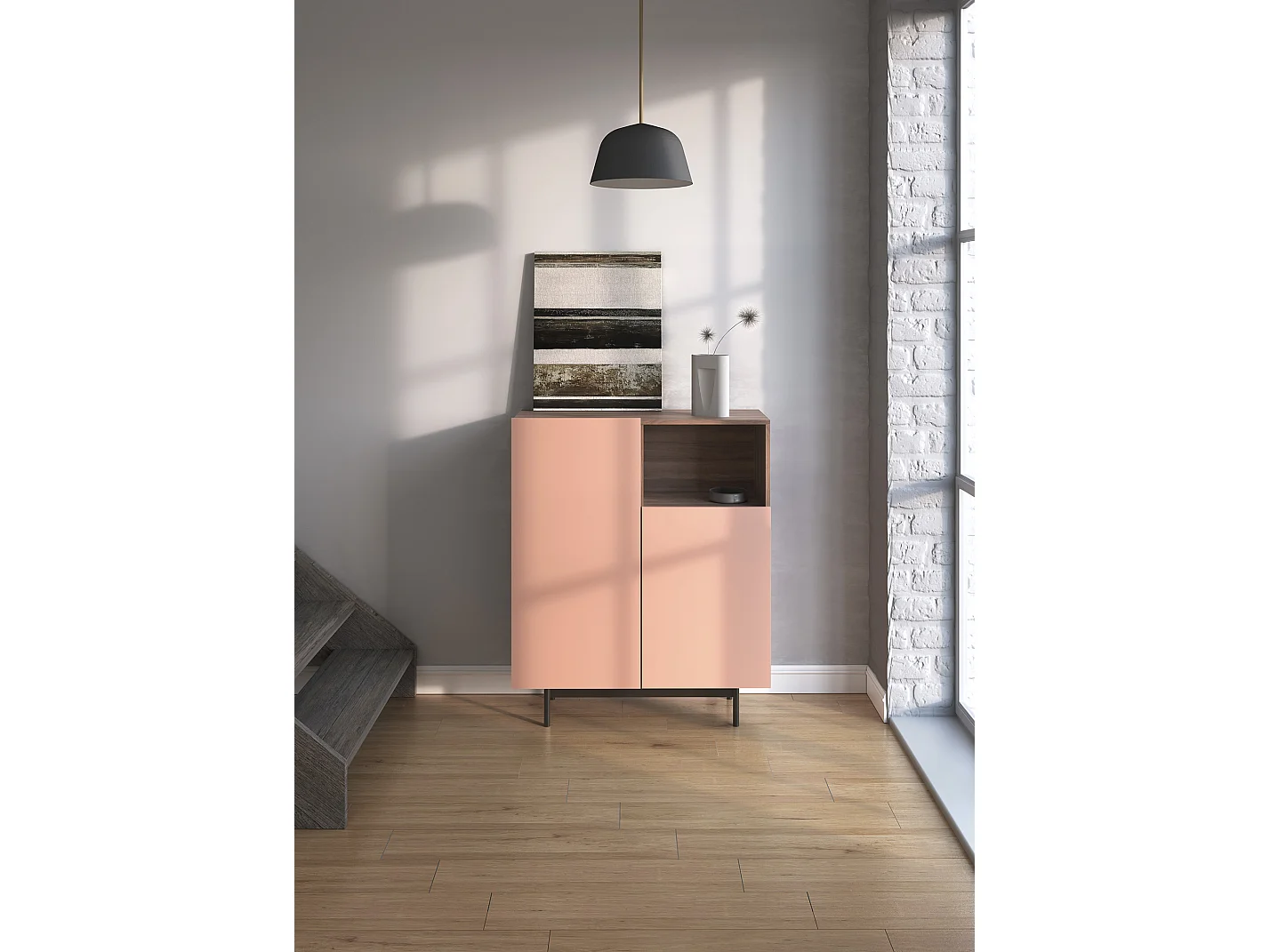 Buffet 1 niche - H110cm x L90cm x L34cm - noyer et rose - Printed
