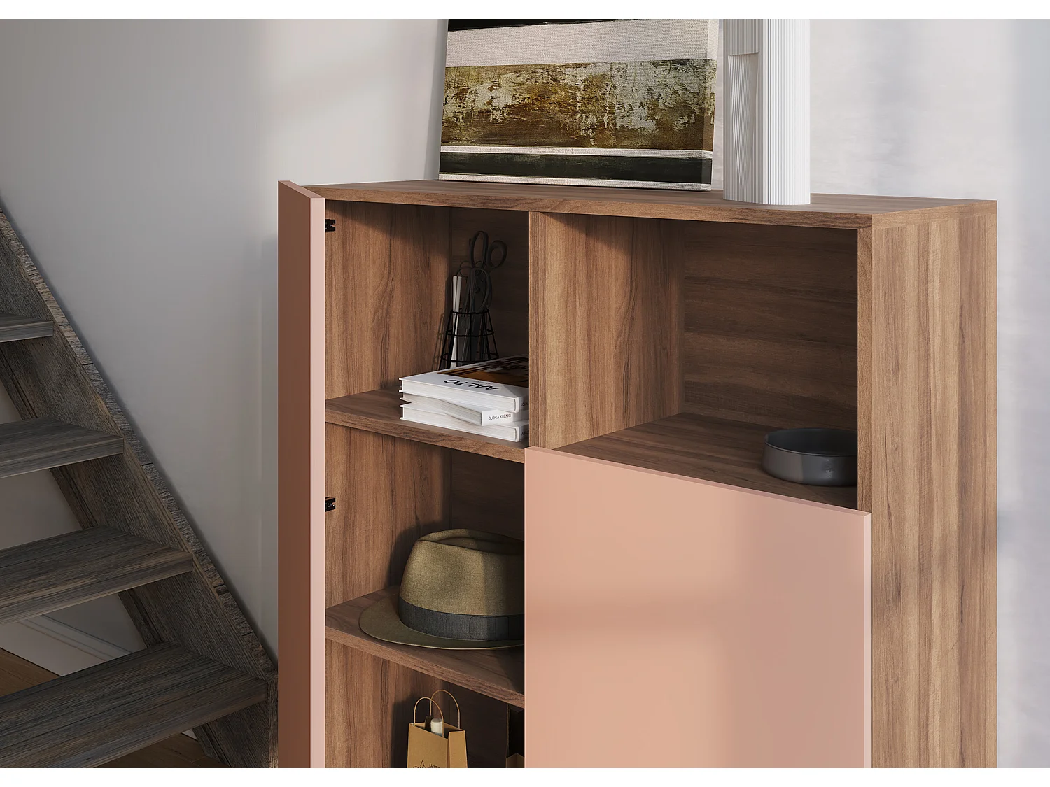 Buffet 1 niche - H110cm x L90cm x L34cm - noyer et rose - Printed