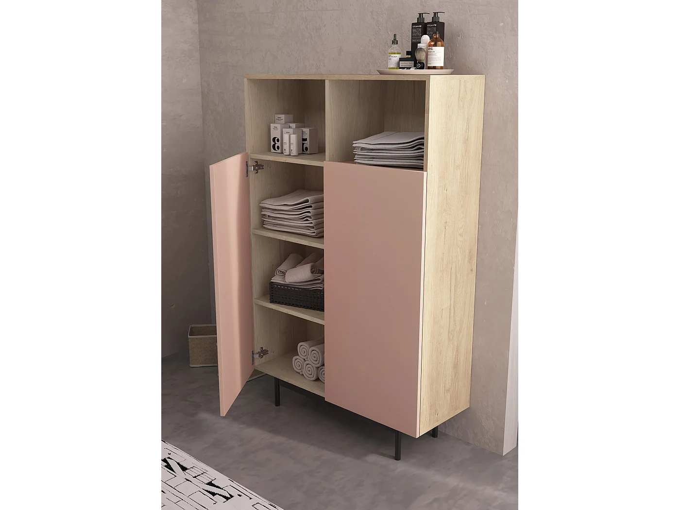 Buffet 2 portes - H140cm x L90cm x L34cm - chêne clair et rose - Printed