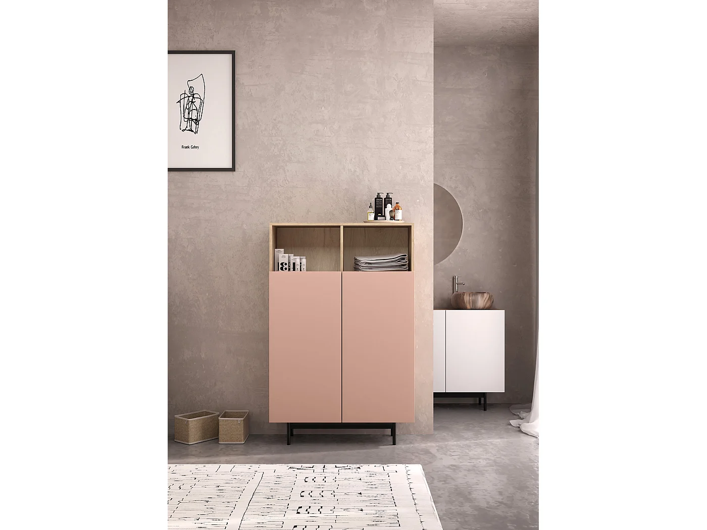 Buffet 2 portes - H140cm x L90cm x L34cm - chêne clair et rose - Printed