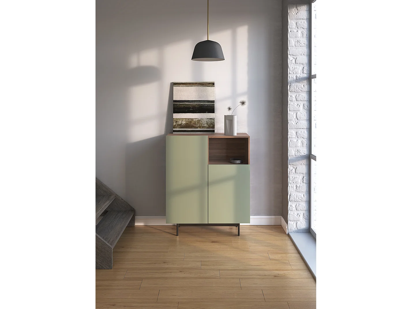 Buffet 1 niche - H110cm x L90cm x L34cm - noyer et vert - Printed