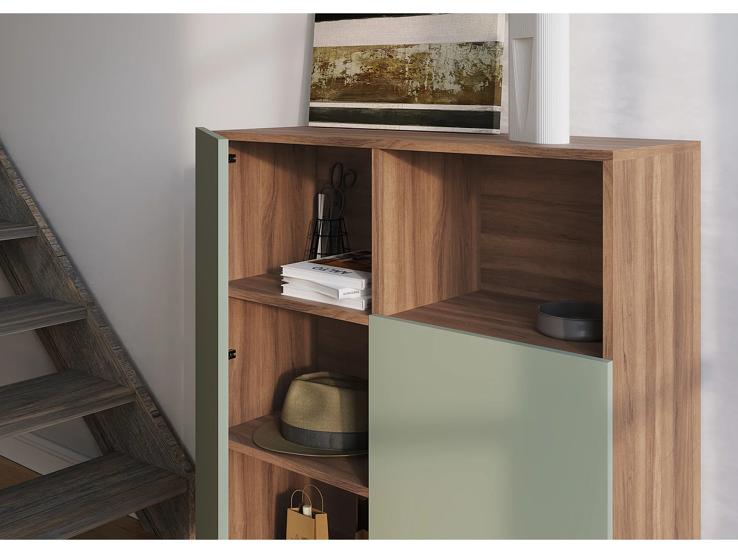 Buffet 1 niche - H110cm x L90cm x L34cm - noyer et vert - Printed