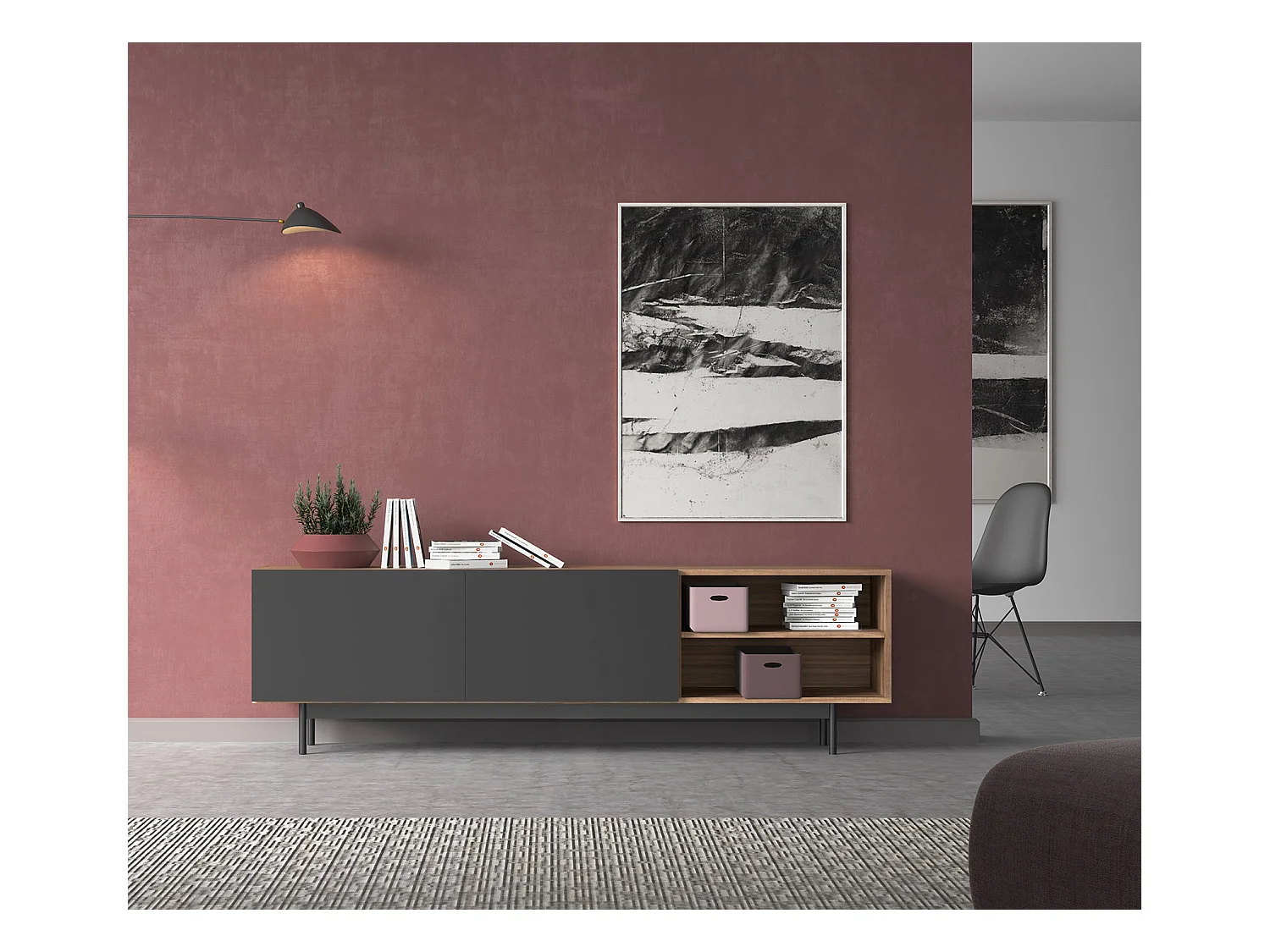 Meuble TV - H52cm x L180cm x L43cm - noyer et graphite - Printed