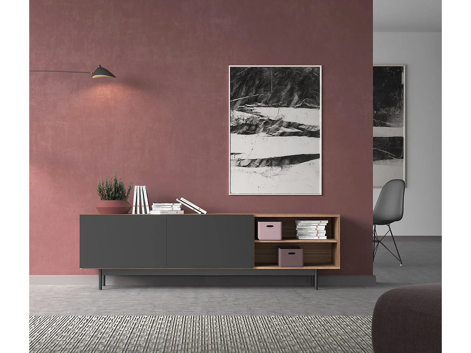 Meuble TV - H52cm x L180cm x L43cm - noyer et graphite - Printed