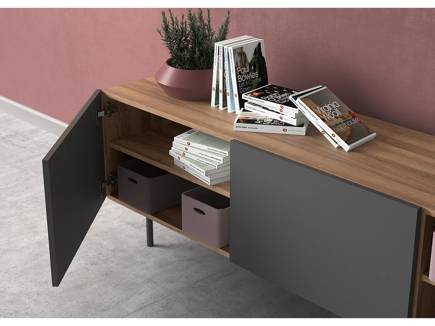 Meuble TV - H52cm x L180cm x L43cm - noyer et graphite - Printed