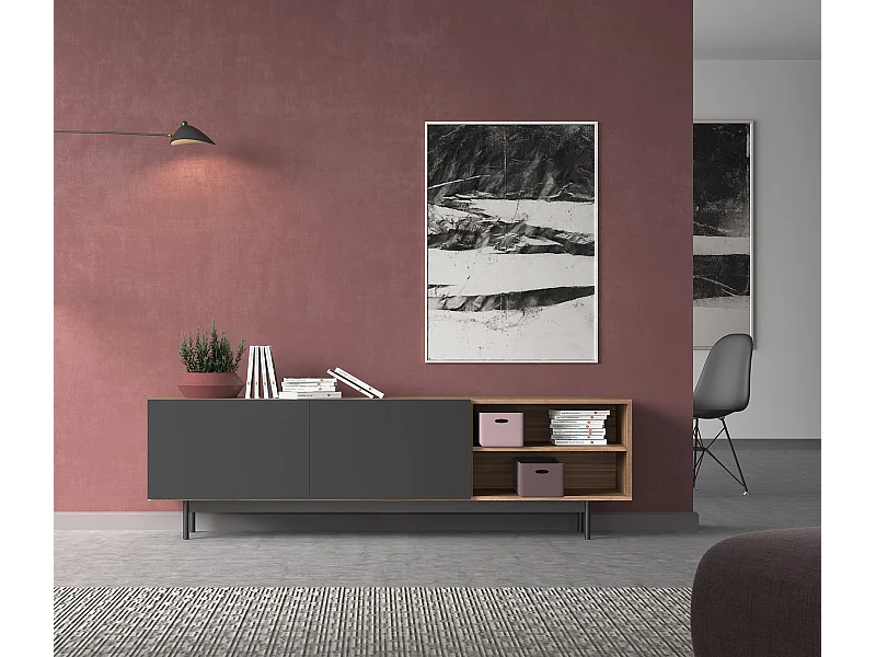 Meuble TV - H52cm x L180cm x L43cm - noyer et graphite - Printed