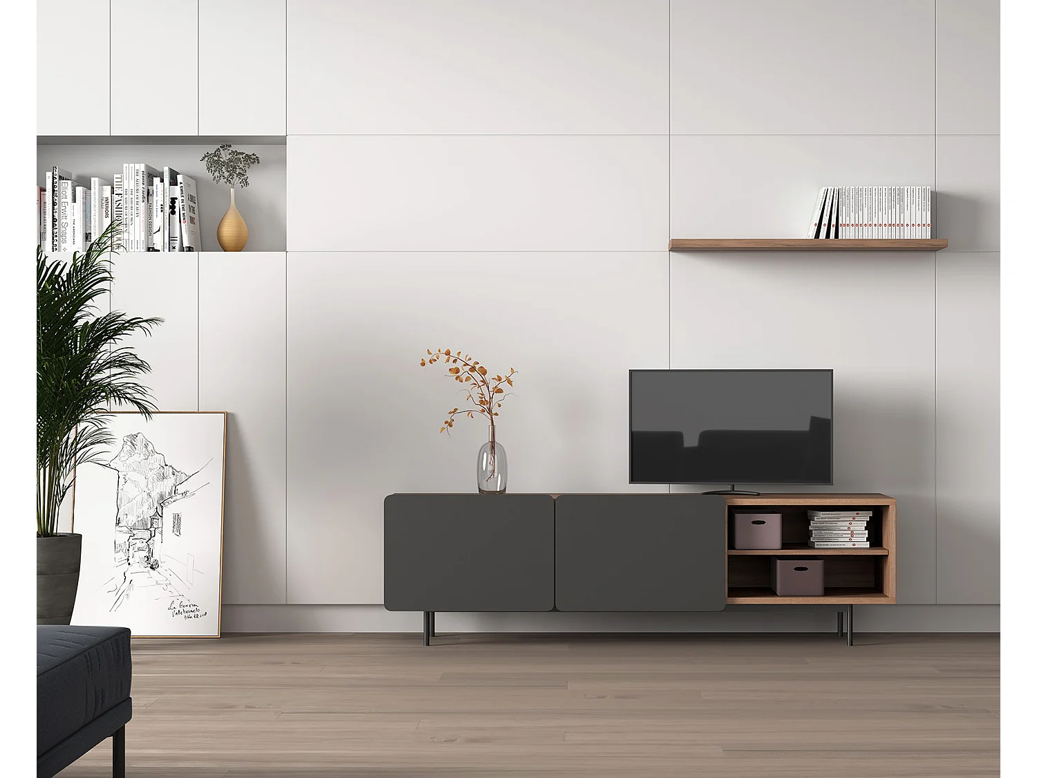 Mueble TV - A54cm x L180cm x F43cm - nogal y grafito - Printed