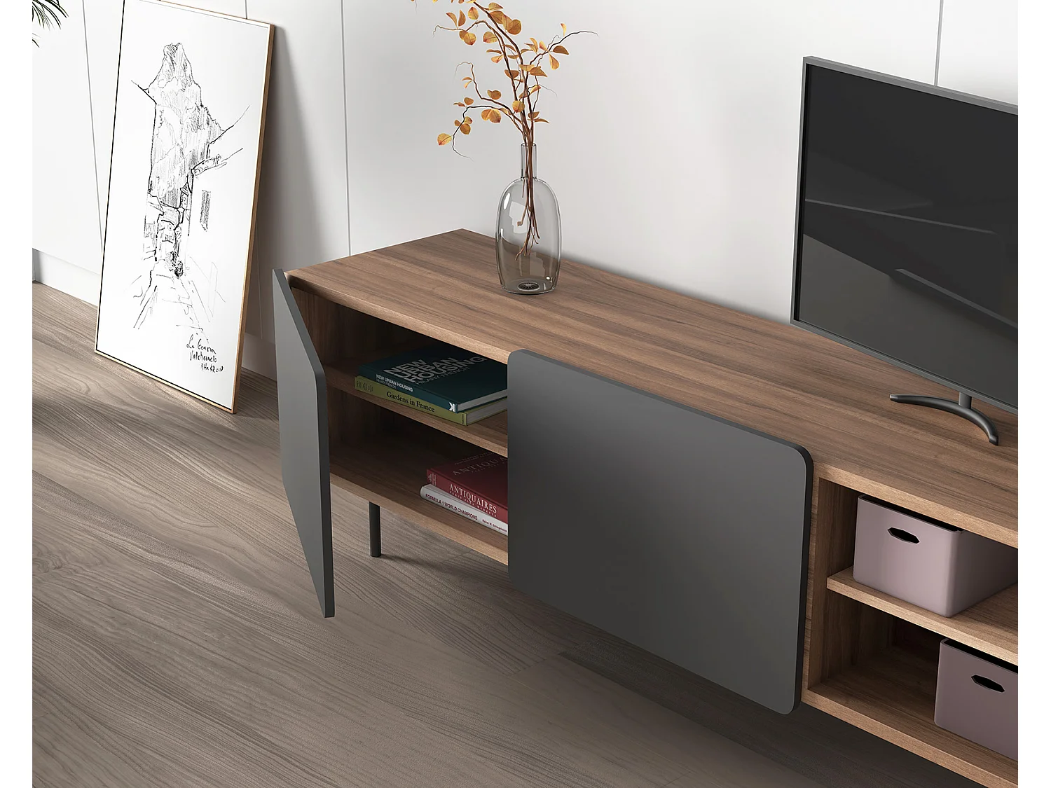 Meuble TV - H54cm x L180cm x L43cm - noyer et graphite - Printed