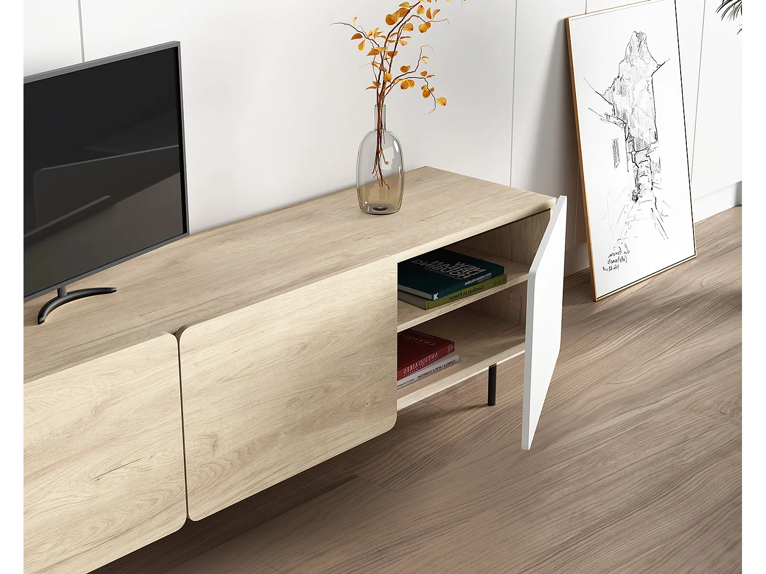 Mueble TV 3 puertas - A54cm x L180cm x F43cm - roble y blanco - Printed