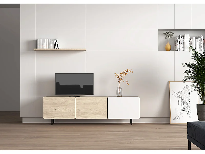 Meuble TV 3 portes - H54cm x L180cm x L43cm - chêne clair et blanc - Printed