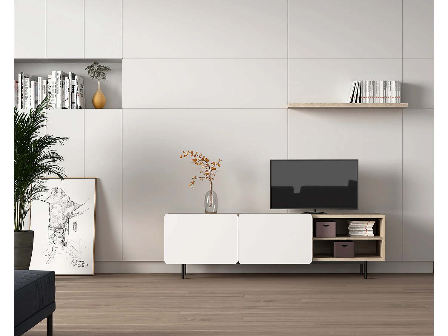 Meuble TV - H54cm x L180cm x L43cm - chêne clair et blanc - Printed