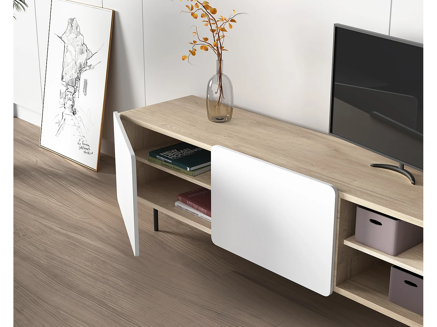 Meuble TV - H54cm x L180cm x L43cm - chêne clair et blanc - Printed