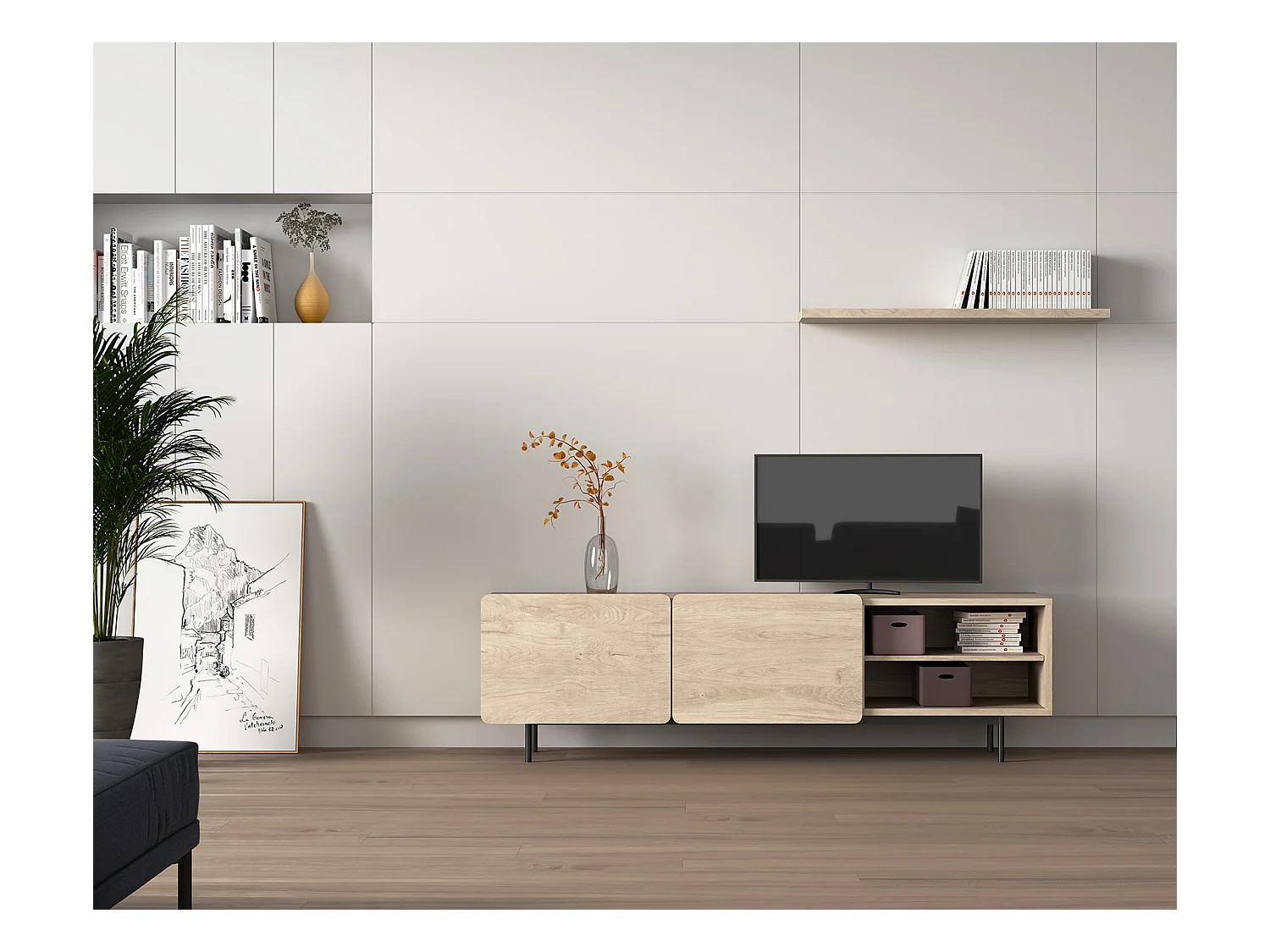Meuble TV - H54cm x L180cm x L43cm - chêne clair - Printed
