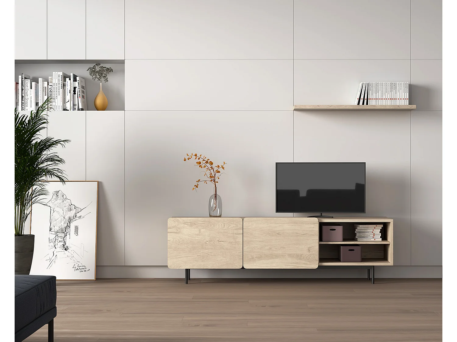 Meuble TV - H54cm x L180cm x L43cm - chêne clair - Printed